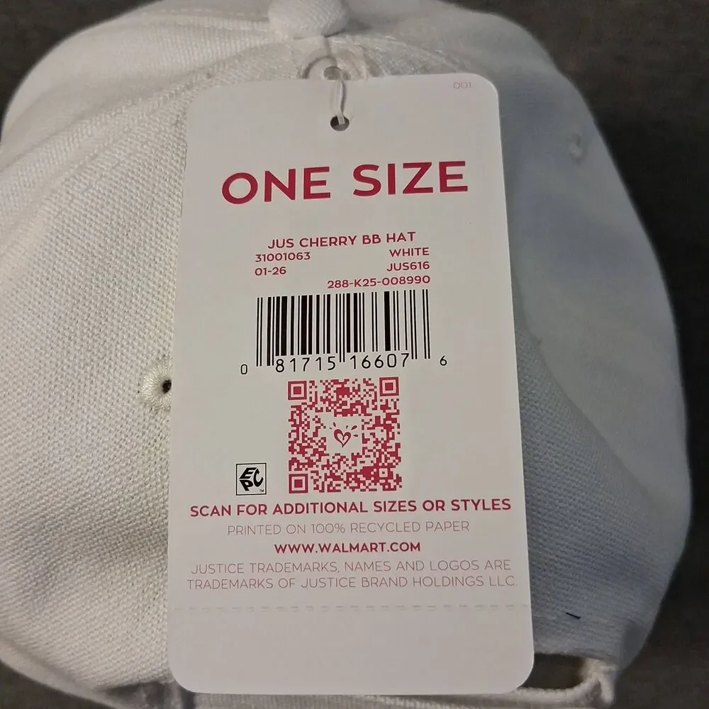 Justice White Cherry Embroidered Baseball Cap Corduroy Adjustable Hat NWT